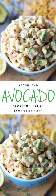 
                    
                        Bacon and Avocado Macaroni Salad - Loaded with fresh avocado and applewood smoked bacon tossed in a lemon-thyme dressing!
                    
                