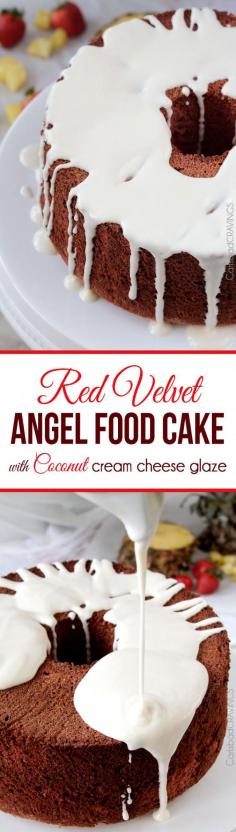 Perfect for Valentines! EASY light airy Red Velvet Angel Food Cake with the most INCREDIBLE Coconut Cream Cheese Glaze. This cake looks fancy (perfect for company or special occasions) but takes less than 20 minutes to make! #redvelvet #angelfoodcake #valentinesdesserts #redvelvetcake
