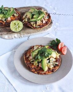 Scrambled Egg Tostadas with Black Beans, Avocado  Spicy Mayo