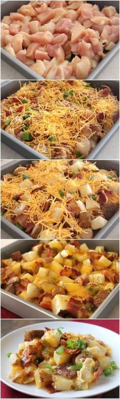 
                    
                        Loaded baked potato and chicken casserole. Quick and easy, feeds the whole family!
                    
                