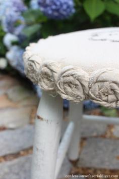 Mini Drop Cloth Rosette Stool Makeover {a $5 Yard Sale Find}