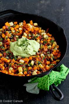 Sweet Potato Hash Recipe with Creamy California Avocado Sauce; potatoes, sweet potatoes, black beans, bacon: what's not to like? ;-)