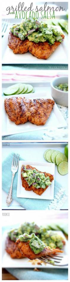 Grilled Salmon with Avocado Salsa. Delicious, healthy and easy. Perfect for the warmer weather! {The Cookie Rookie}