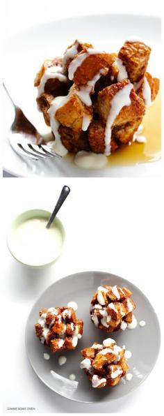 
                    
                        French Toast Cups -- all of the goodness of traditional French toast, baked into cute little muffin cups and drizzled with a cream cheese glaze | Gimme Some Oven
                    
                