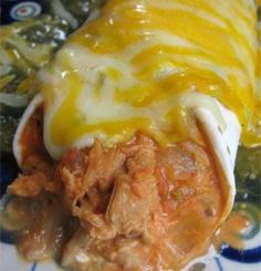 Easy Enchiladas Saute a swirl of olive oil and ½ cup chopped yellow onion in skillet. Add 1 lb cooked and chopped chicken, ½ tsp cumin, 3 T cream cheese, and 2 cups of salsa and cook until smooth. Place mixture down the center of 6 flour tortillas. Roll and place in greased baking pan. Top with green taco sauce and shredded Mexican cheese. Bake at 350 degrees for 30 minutes.