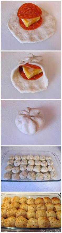 
                    
                        30 canned biscuits, pepperoni, cheddar jack cheese. Egg wash with garlic and Italian seasoning. Bake Enjoy
                    
                