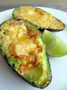Former Pinner says: Shut the front door ...these are fabulous! They are -broiled- avocados which have been cross-hatched cut to allow equal amts of Tabasco Chipolte Sauce & lime juice to sink in; sea salt & pepper; & melted parm. cheese, Holy cow! ~ I was on the fence about avocados in general, these lil babies knock me flat off & into their waiting arms!