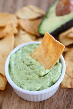 Healthy Creamy Avocado Greek Yogurt dip - yogurt, avocados, garlic, cilantro, lime juice, cumin, salt and pepper