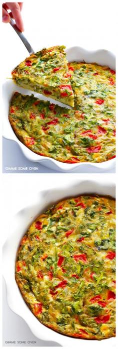 
                    
                        Easy Baked Frittata with  Roasted Red Peppers, Arugula & Pesto -- super easy, and SUPER good! | gimmesomeoven.com
                    
                