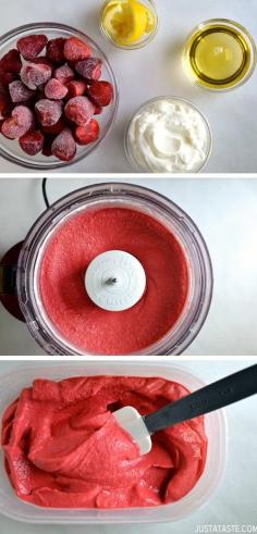 Strawberry frozen yogurt in food processor. 4 c frozen strawberries, 1/2 cup plain yogurt, 3 T honey, 1 T fresh lemon juice. Blend in food processor until creamy, about 5 mins.