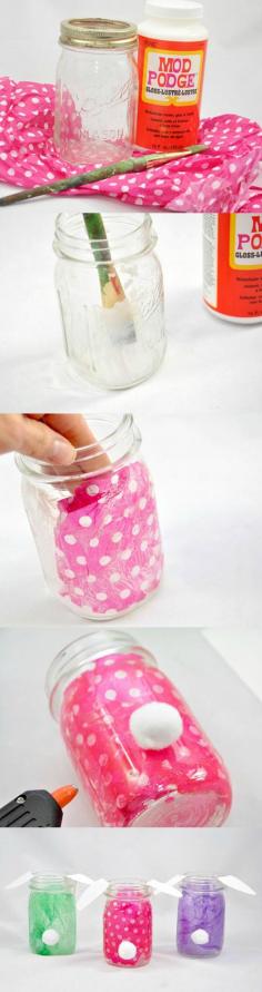 
                    
                        These bunny mason jars are so easy to make for Easter! Grab your Mod Podge and whatever tissue paper you have on hand. The kids will love this.
                    
                