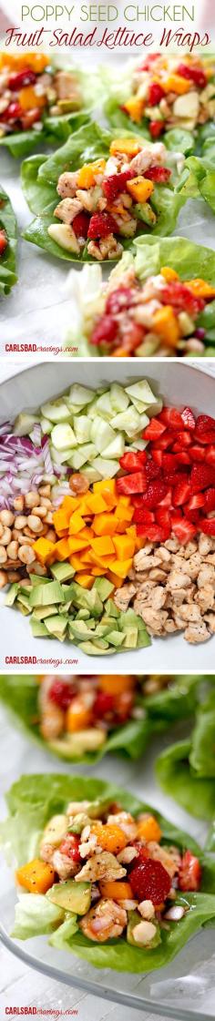 
                    
                        SO GOOD...  Chicken and strawberries, mangos, cucumbers and avocado marinated and chilled in my favorite sweet, tangy poppy seed dressing topped with toasted coconut and macadamia nuts - sweet, creamy, crunchy and PACKED with flavor!
                    
                