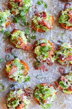 
                    
                        Roasted Sweet Potato Rounds with Guacamole and Bacon | theroastedroot.net #paleo #vegan #recipe #appetizer
                    
                