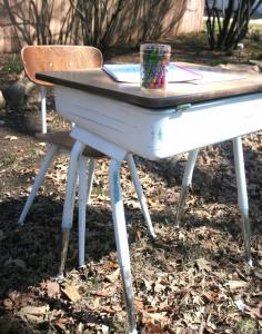 
                    
                        DIY School Desk make-over refinishing paint technique.
                    
                