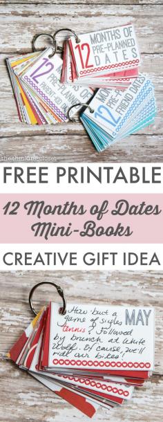 12 Months of Pre-Planned Dates Mini-Book | Such a creative and meaningful gift idea for the loved ones in your life.   The FREE Printable Pack also comes with everything you need to create mini-books for Parent-Kid Dates, Friend Dates, and wedding gifts!  So many gifts in one!