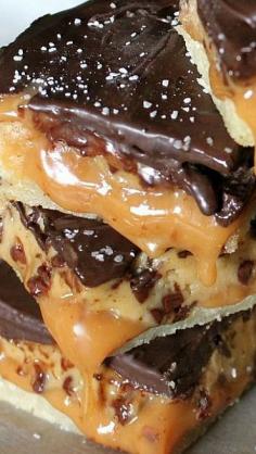 Salted Caramel Cookie Dough Billionaire Bars Recipe ~ A sweet, gooey, chewy, chocolaty, salty satisfied Billionaire!