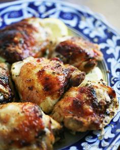 
                    
                        Chicken thighs marinated in lemon juice, garlic, and herbs, and then baked until browned and crispy. EASY! On SimplyRecipes.com
                    
                