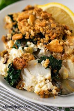 
                    
                        Baked Cod with Boursin - An incredible fish dinner!  Super moist fish topped with Boursin cheese, spinach, mushrooms and a cracker topping!
                    
                
