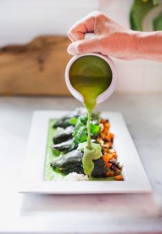 
                    
                        Vegan and Gluten-free Stuffed Poblanos with corn, black beans, roasted sweet potatoes and cilantro…with a vegan Avocado-Cilantro Sauce
                    
                