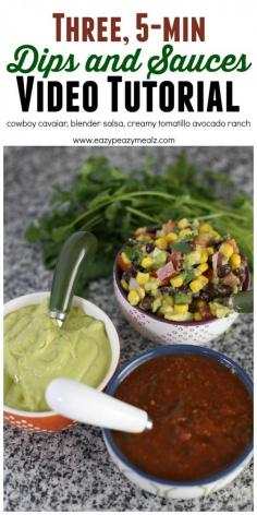 
                    
                        A video demo of making 3 awesome dips and sauces, cowboy caviar, blender salsa, and creamy tomatillo avocado ranch in just 5 minutes each. Perfect for entertaining! This is the ultimate party trio! #ad - Eazy Peazy Mealz
                    
                