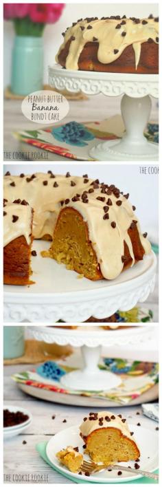 Peanut Butter Banana Bundt Cake: For the cake: 1 box of your favorite yellow cake mix 2 small boxes of instant banana pudding ½ cup of veggie oil 1¼ cups water 4 eggs 2 bananas, mashed ¾ cups peanut butter For the Icing: ¾ cups low-fat peanut butter 3 cups powdered sugar 1 stick of butter, softened 3-5 tablespoons skim milk (more for a thinner icing, less for a thicker icing) mini chocolate chips