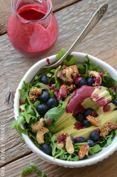
                    
                        Arugala Breakfast Salad with Stovetop Maple Nut Brittle and Blueberry Lemon Dressing
                    
                