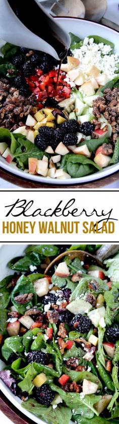 Perfect for Easter! Blackberry Honey Walnut Salad doused with the most delectable easy sweet, tangy Blackberry Balsamic Vinaigrette, spinkled with addicting honey roasted nuts and packed with a rainbow of harmonious sweet and tart blackberries, apples, and mangoes. #blackberrysalad #eastersalad #blackberryvinaigrette