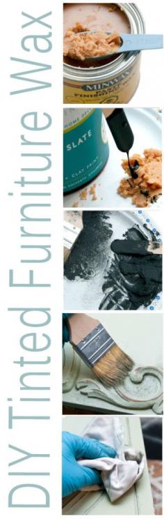 
                    
                        DIYTintedFurnWax-natural wax- Stir in some dark paint-1 TBSP of wax to 1 TSP of paint- not an exact recipe. How much paint you add will depend on how dark YOU want your antiquing wax- Stir the paint into the wax
                    
                
