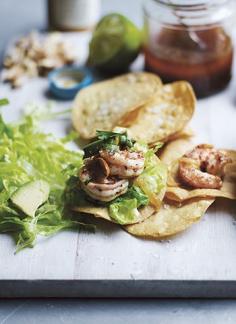 Prawn Tostadas with Avocado and Spicy Peanut Oil.