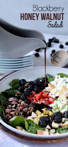 Perfect for Easter! Blackberry Honey Walnut Salad doused with the most delectable easy sweet, tangy Blackberry Balsamic Vinaigrette, spinkled with addicting honey roasted nuts and packed with a rainbow of harmonious sweet and tart blackberries, apples, and mangoes. #blackberrysalad #eastersalad #blackberryvinaigrette