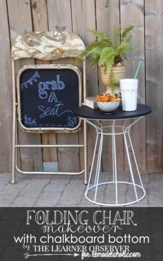 FOLDING CHAIR MAKEOVER for Remodelaholic.com #diy #upcycle #chalkboard #reupholster