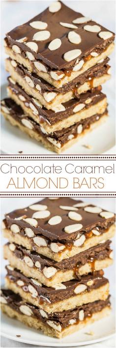 
                    
                        Chocolate Caramel Almond Bars - Buttery shortbread, caramel, chocolate and almonds GALORE!! Easy and perfect for almond lovers!!
                    
                