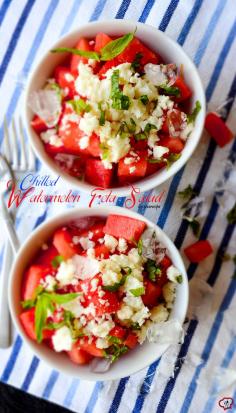 Chilled Watermelon Feta Salad.  2 cups diced watermelon 4 tablespoons feta, crumbled 1 teaspoon chopped fresh mint summer. summerrecipes watermelonsalad