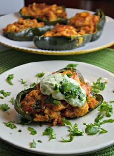 
                    
                        Chicken and Quinoa Stuffed Poblanos with Avocado Cream
                    
                