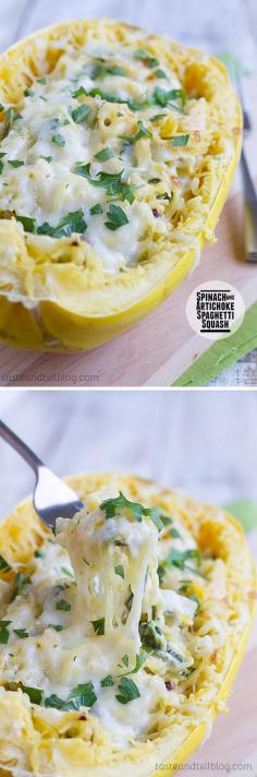 Spinach Artichoke Spaghetti Squash #squash #artichoke  Substitute plain Greek yogurt for the sour cream.