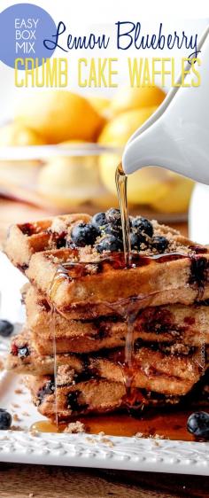 Easy Box Mix Lemon Blueberry Crumb Cake Waffles - like super moist crumb cake with caramelized brown sugar topping swirled throughout with bursts of warm sweet blueberries brightened by fresh lemon. #waffles #blueberries #lemon #blueberrywaffles #breakfast