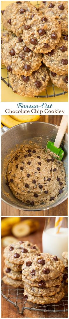 Banana Oat Chocolate Chip Cookies - These cookies only use 1/4 cup of butter yet they are still so delicious! They will remind you of banana bread yet in cookie form. Perfect use for that last ripe banana.