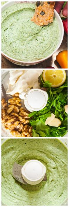 Creamy Cilantro and Walnut Dip-OH My GOSH! This dip is crazy good! I like to use this as a sub for mayo on a sandwich or dip with tortilla chips. I use Green Mountain Farms' Greek cream cheese.