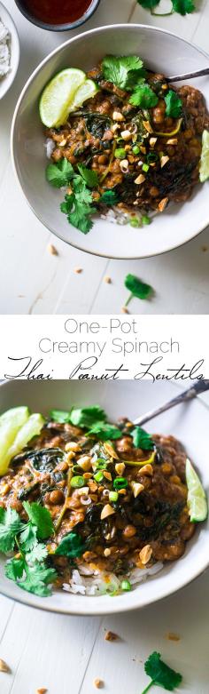 
                    
                        One-Pot Creamy Spinach Lentils - These Thai-style lentils are stewed in creamy peanut butter and coconut milk.  They're a vegetarian, one pot wonder that is perfect for Meatless Monday! | Foodfaithfitness.com | Taylor | Food Faith Fitness
                    
                