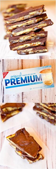 Chocolate Saltine Toffee BARS (aka Christmas Crack) - This stuff lives up to it's name and is extremely addictive! Salty, sweet, crunchy, chewy & always a hit!