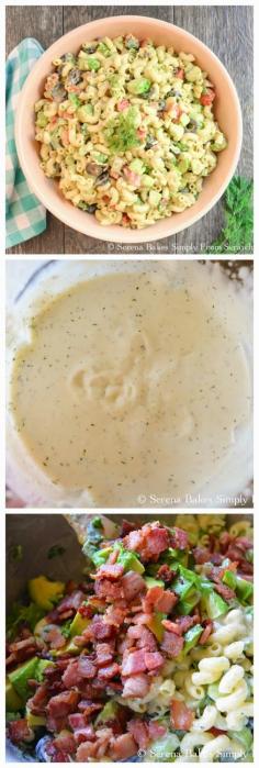 Creamy Avocado Bacon Pasta Salad with Dill Dressing (greek yogurt,mayo,buttermilk,garlic,pepper,salt,white wine vin,worcestershire,dill,red pepper,celery,olives,green onion,parsley,avocado,bacon,cheddar)