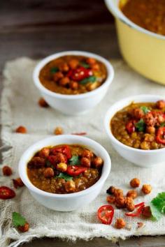 Spicy Lentil  Coconut soup with Roasted Chickpeas #vegan