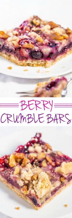 
                    
                        Berry Crumble Bars - Big buttery crumbles top the soft, juicy bars packed with blueberries, raspberries and strawberries! Easy, no mixer recipe that's irresistible!! (Frozen fruit okay!)
                    
                