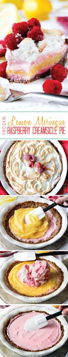 Frozen Lemon Meringue Pie sandwiched with layers of Raspberry Creamsicle Ice Cream - refreshingly delicious and stress free make ahead dessert for summer. #lemonmeringue #raspberry #ice cream #raspberryicecream #frozenpie #icecreampie #summerdessert