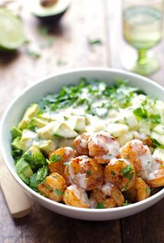 Spicy Shrimp and Avocado Salad wth Miso Dressing Recipe ~ fresh, green, crunchy-delicious.