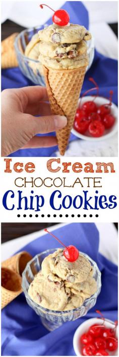 Ice Cream Chocolate Chip Cookies!  ....vanilla ice cream in the dough makes the softest most delicious cookie!  #cookies #baking #chocolate #icecream