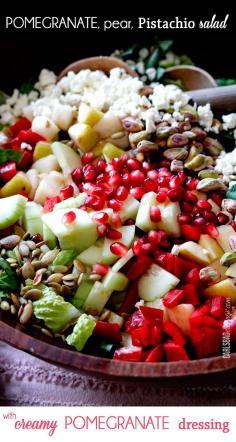 Pomegranate, Pear, Pistachio Salad with Creamy Pomegranate Dressing