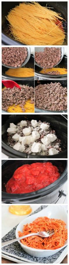 I never thought to add cream cheese to my spaghetti. Creamy Crock Pot Spaghetti - I'm making this with ground turkey for dinner tonight!! So excited.
