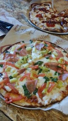 
                    
                        Made to order pizza is the new Pizza Rev!  Pizza my way is ham and pineapple with spinach, tomatoes and pepperoncinis.
                    
                