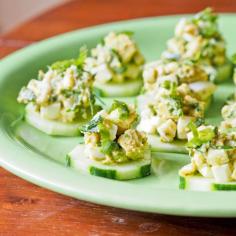 Avocado Pesto Egg Salad Bites. Serves 4. ½ avocado, cubed; 2 hard boiled eggs, cubed; 1-2 tablespoons pesto; handful fresh basil, slivered; 1-2 green onions, thinly sliced; 1-2 tspns lemon juice; salt/pepper to taste; ½ long cucumber, sliced into rounds. In a bowl combine all ingredients except the cucumber slices. Top each cucumber slice with a spoonful of the egg salad mix. Sprinkle with additional fresh basil.